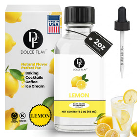 Dolce Flav natural lemon extract bottle for bright drinks and baking.