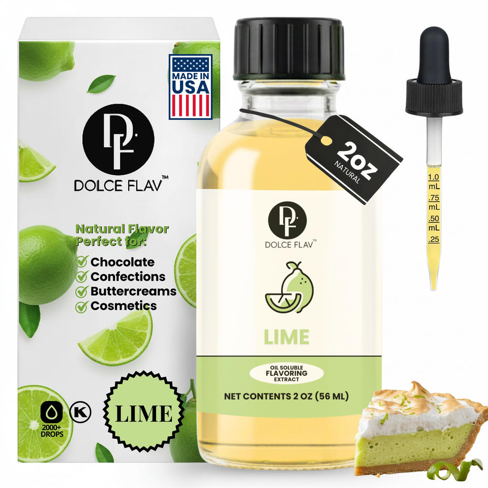 Dolce Flav Natural Lime Extract bottle highlights bright citrus flavor for desserts.