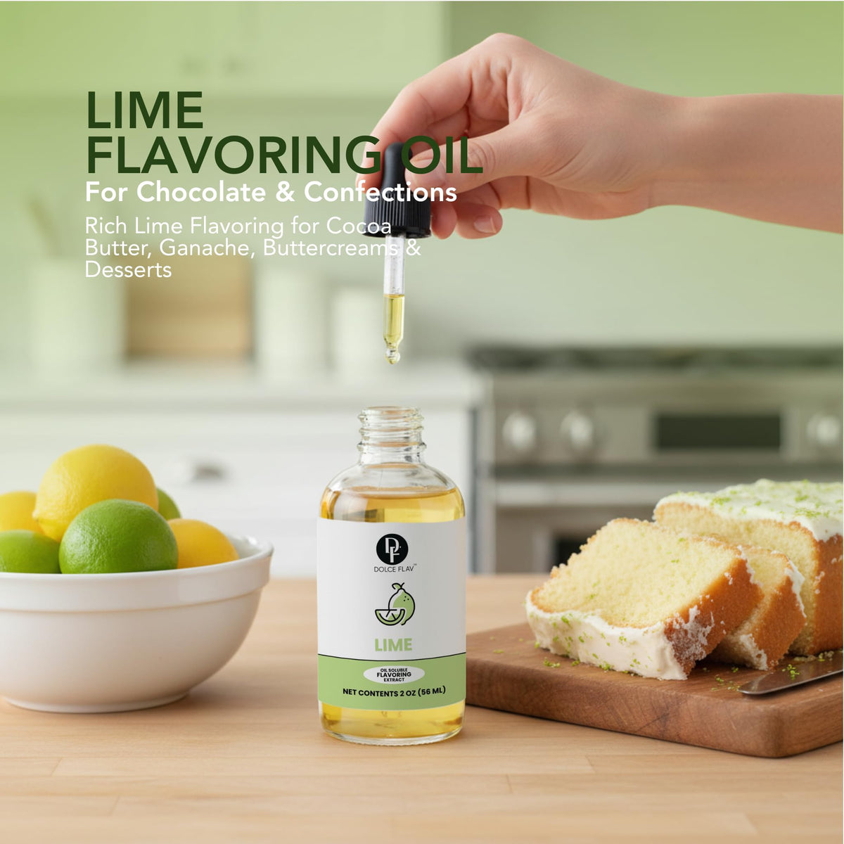 Dolce Flav Natural Lime Extract with measured dropper enables precise flavoring.