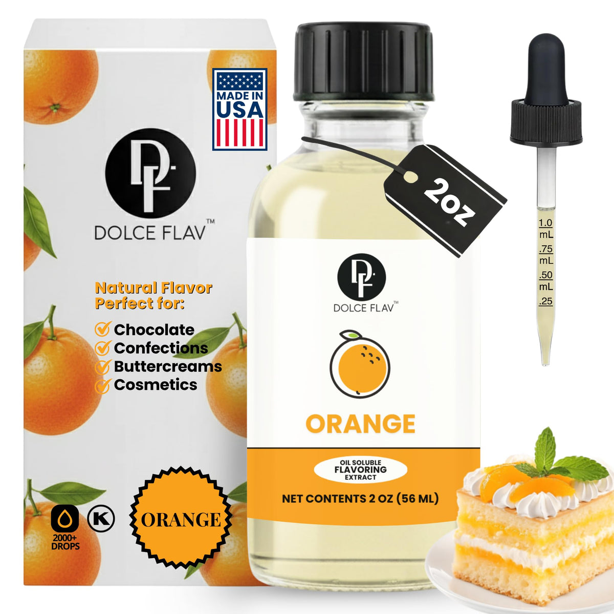 Dolce Flav orange extract bottle adds bright citrus flavor for baking