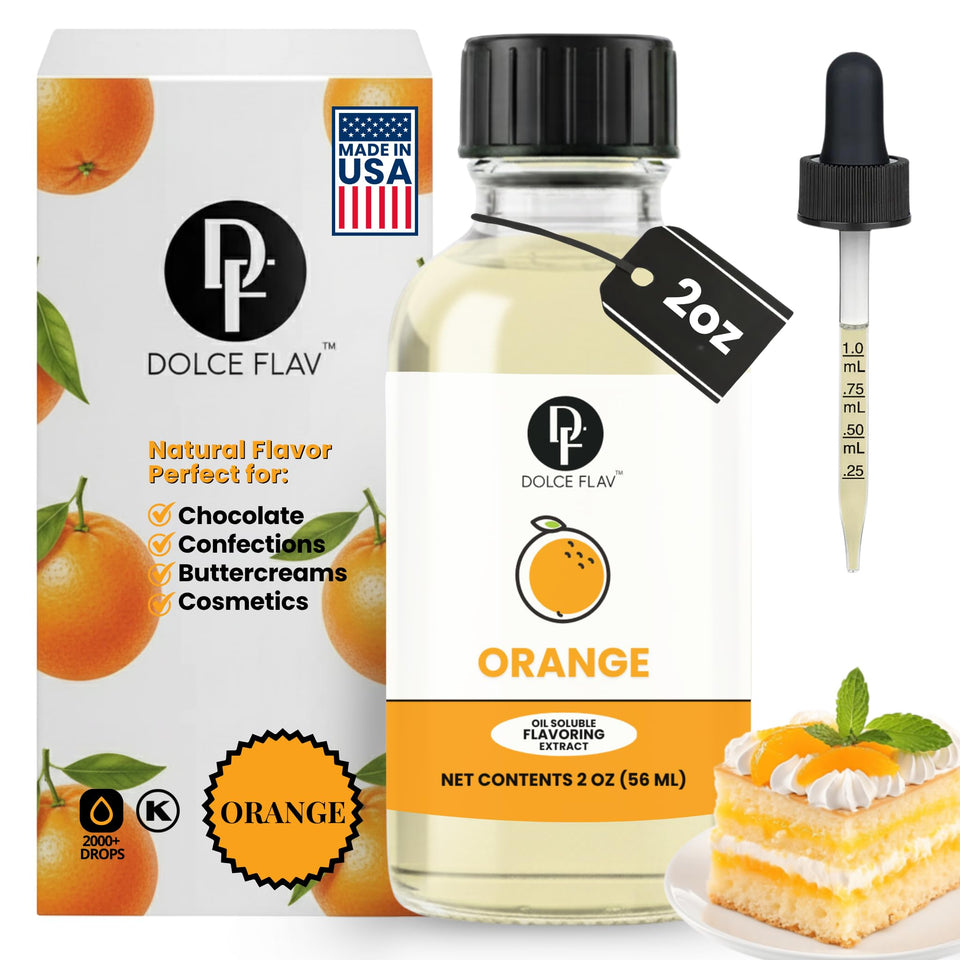 Dolce Flav orange extract bottle adds bright citrus flavor for baking