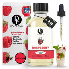 Dolce Flav Raspberry Extract bottle pouring for baking flavor boost.