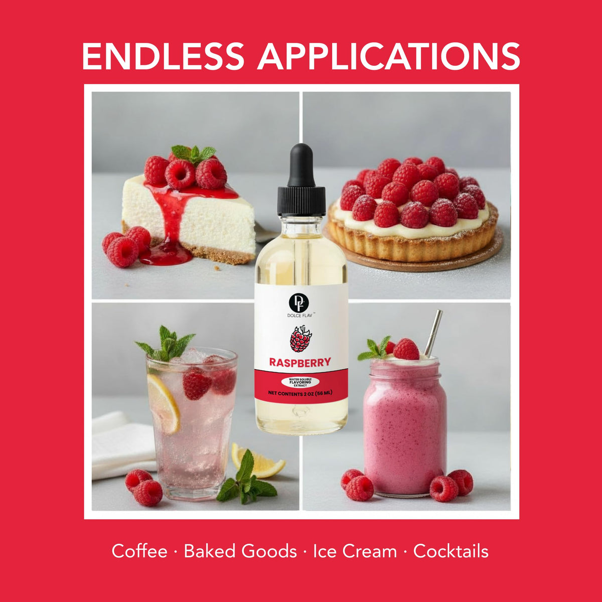 Dolce Flav Raspberry Extract bottle with dropper for precise measurements.