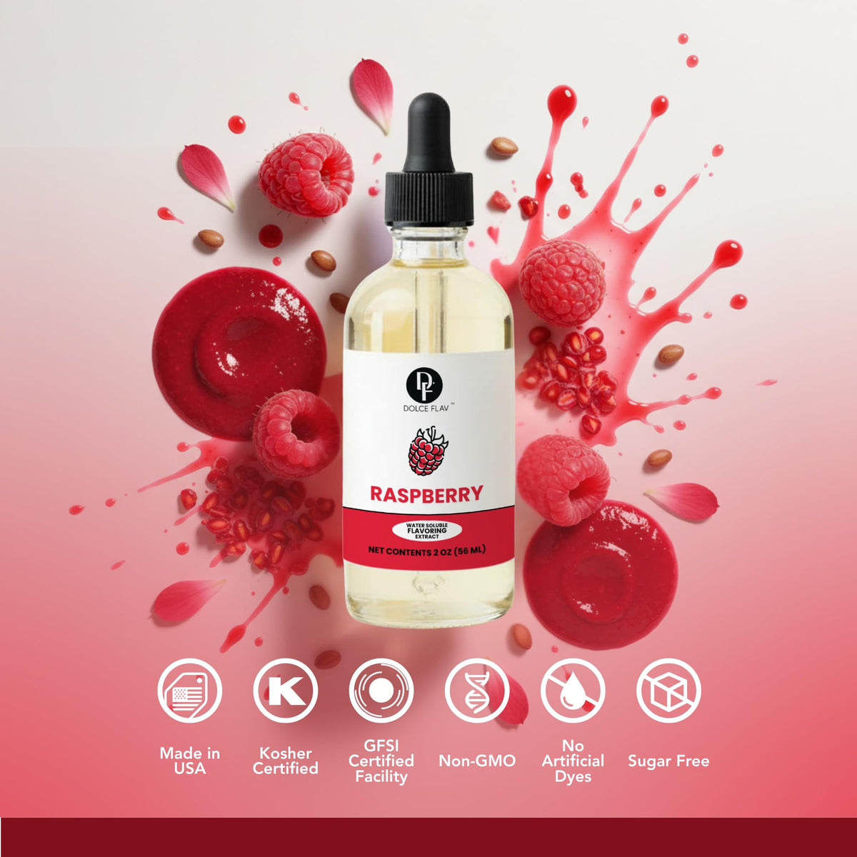 Dolce Flav Raspberry Extract dropper dispensing drops into batter.