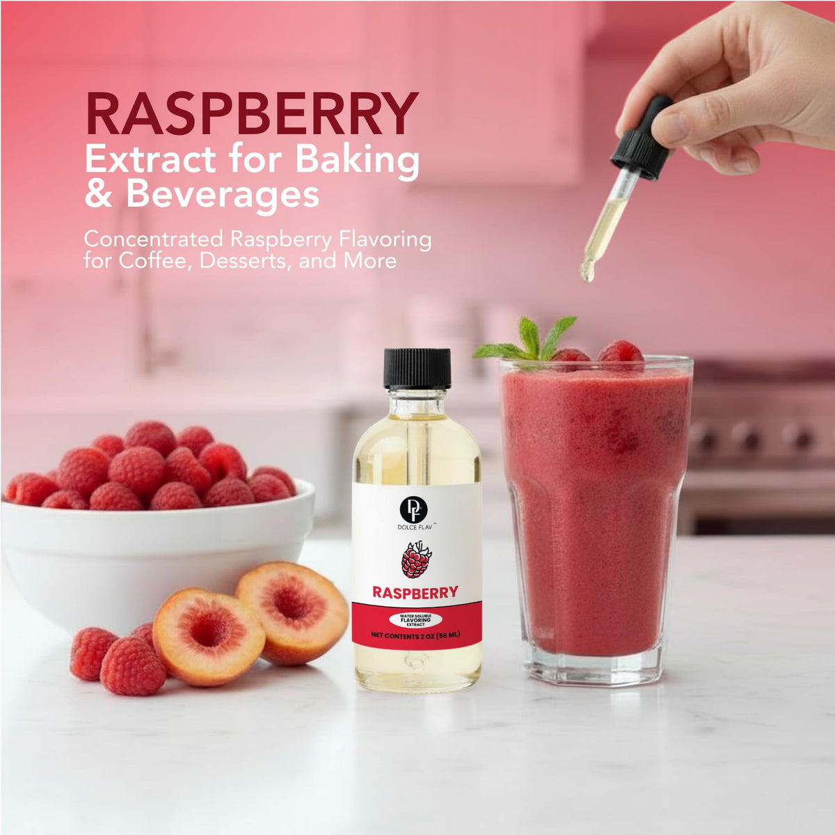 Dolce Flav Raspberry Extract label close-up highlighting kosher, sugar-free quality.