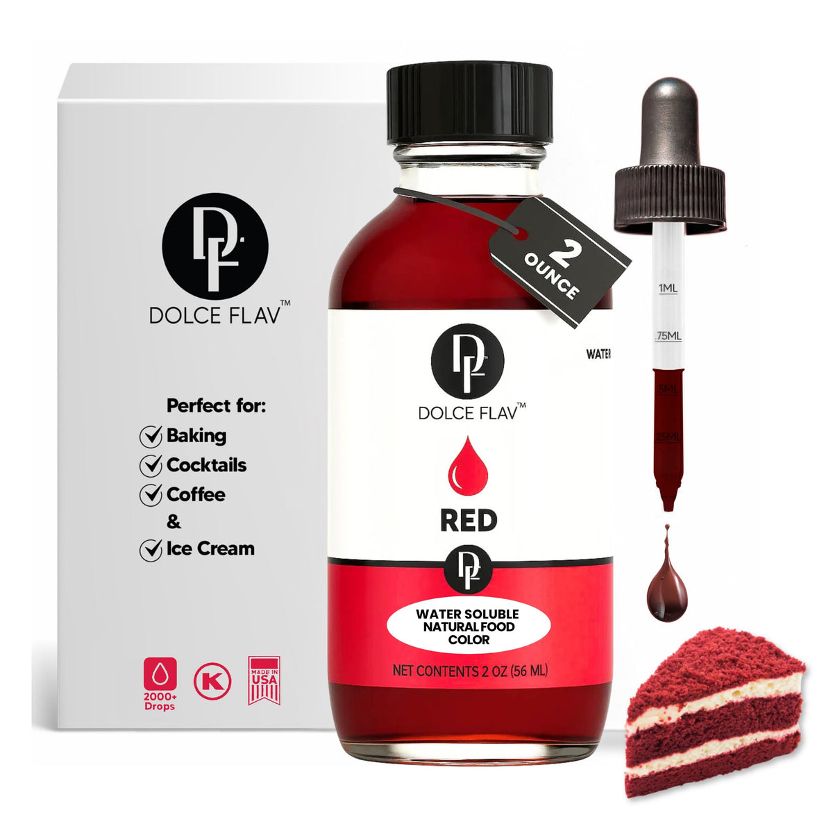 Dolce Flav natural red coloring bottle pour for beet-based baking color.