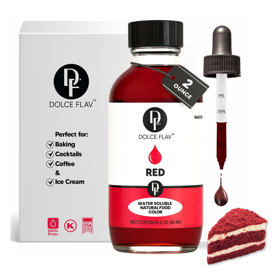 Dolce Flav natural red coloring bottle pour for beet-based baking color.