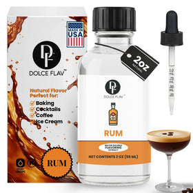 Dolce Flav Natural Rum Extract bottle pouring for rich baking flavor