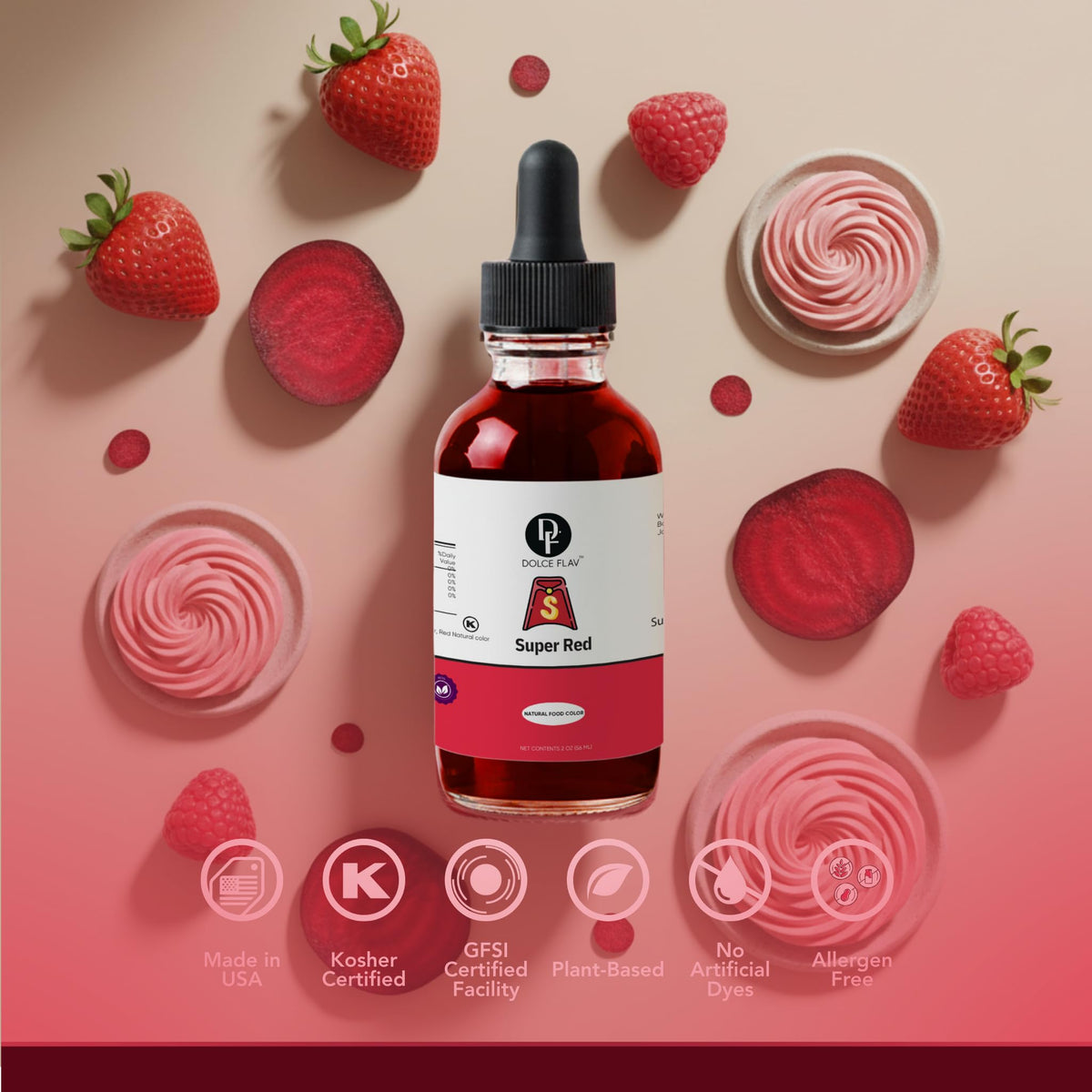 Creamy frosting swirls infused with Dolce Flav red tint.