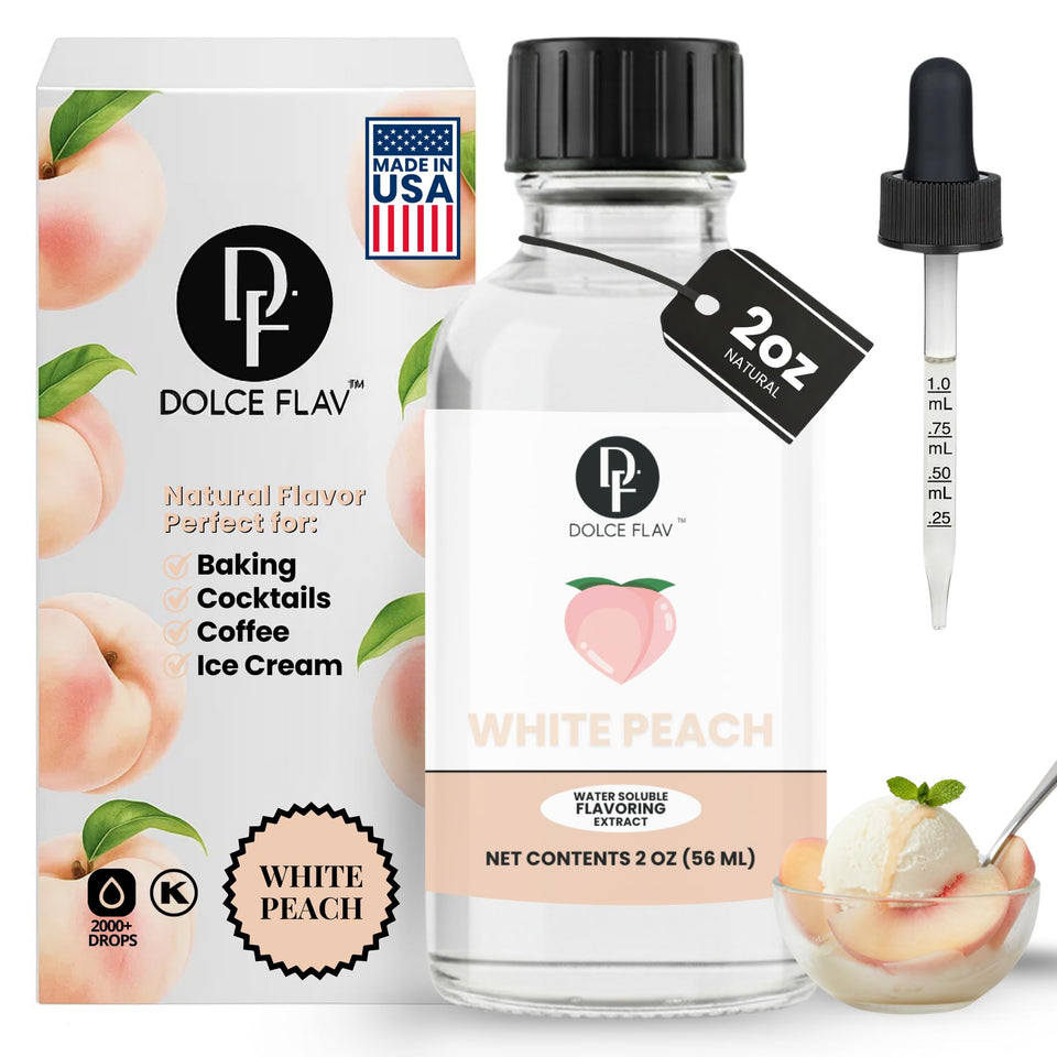 Dolce Flav Natural White Peach Extract bottle for precise flavoring.