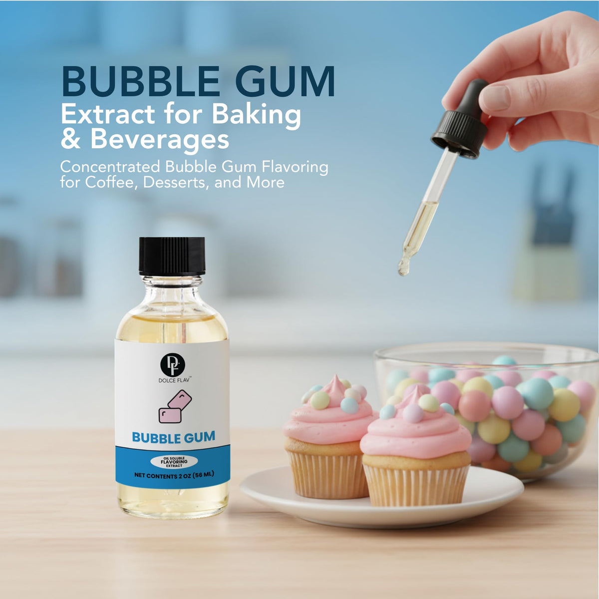 Dolce Flav oil-soluble bubble gum flavor in desserts and frostings.