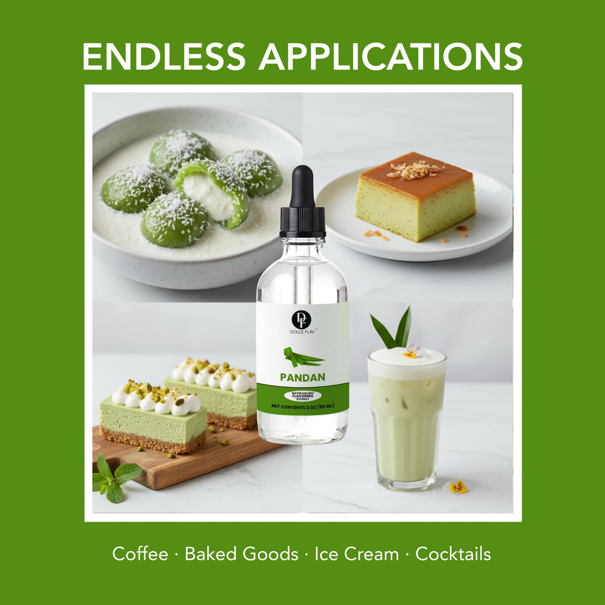 Dolce Flav Pandan Extract baking dessert hero in a cake context.