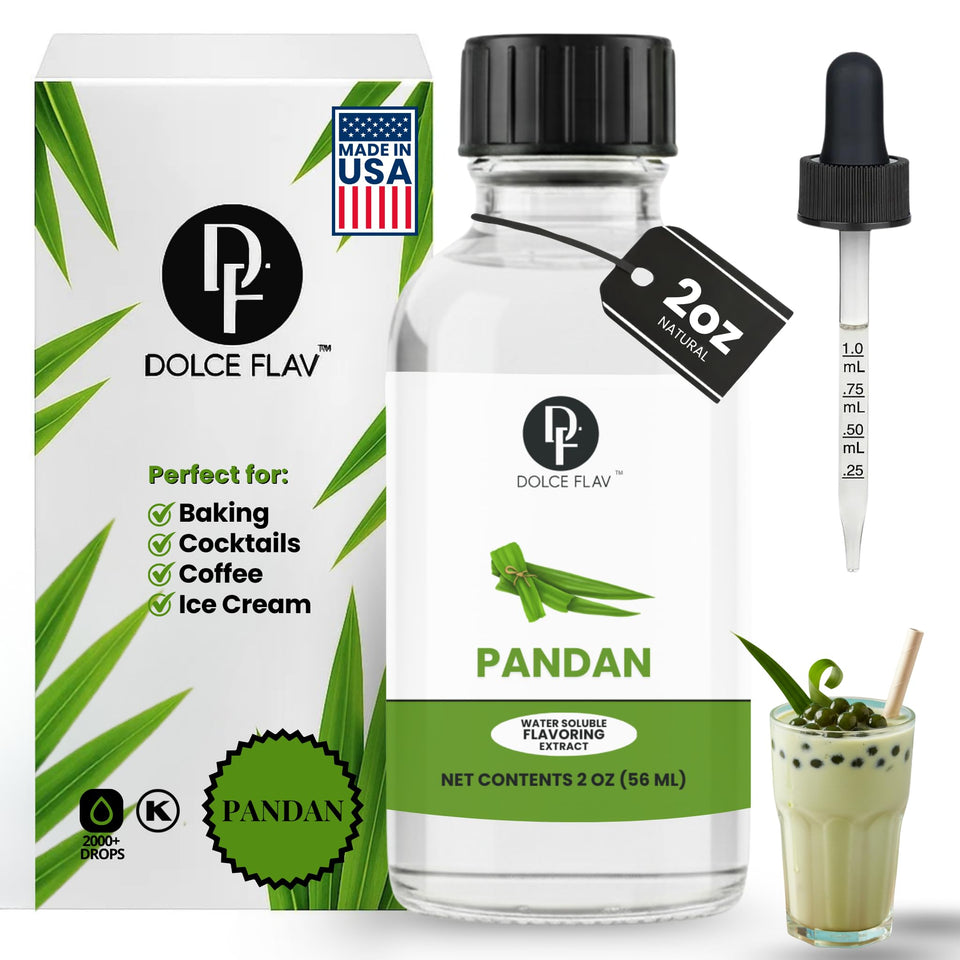 Dolce Flav Pandan Extract bottle close-up highlighting authentic pandan aroma.