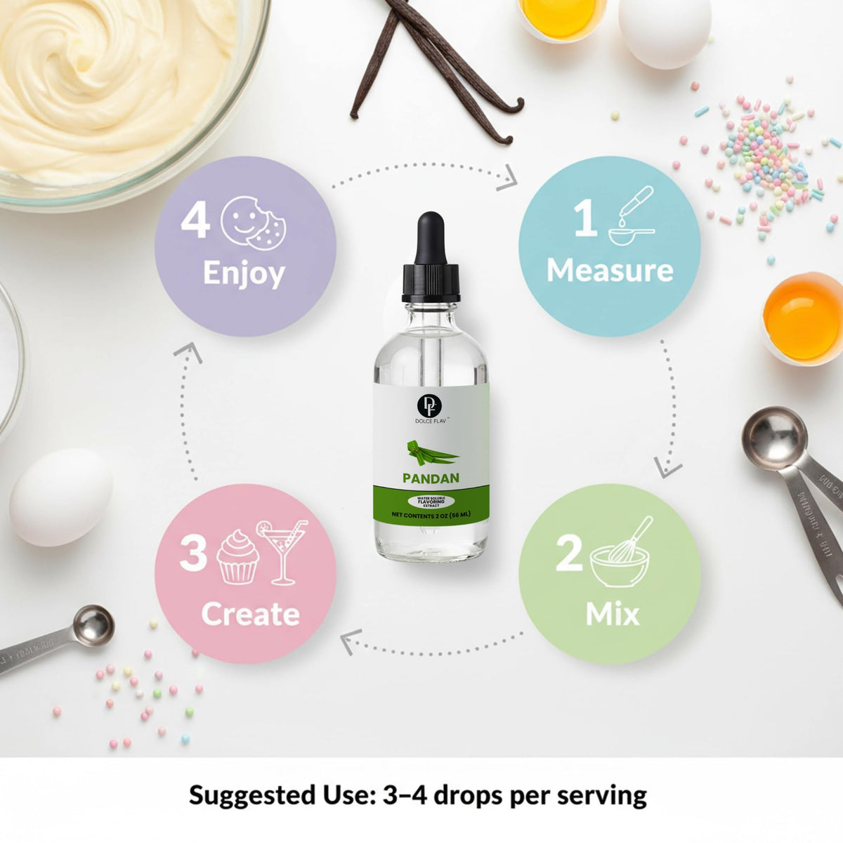 Dolce Flav Pandan Extract water-soluble formula dissolves easily.