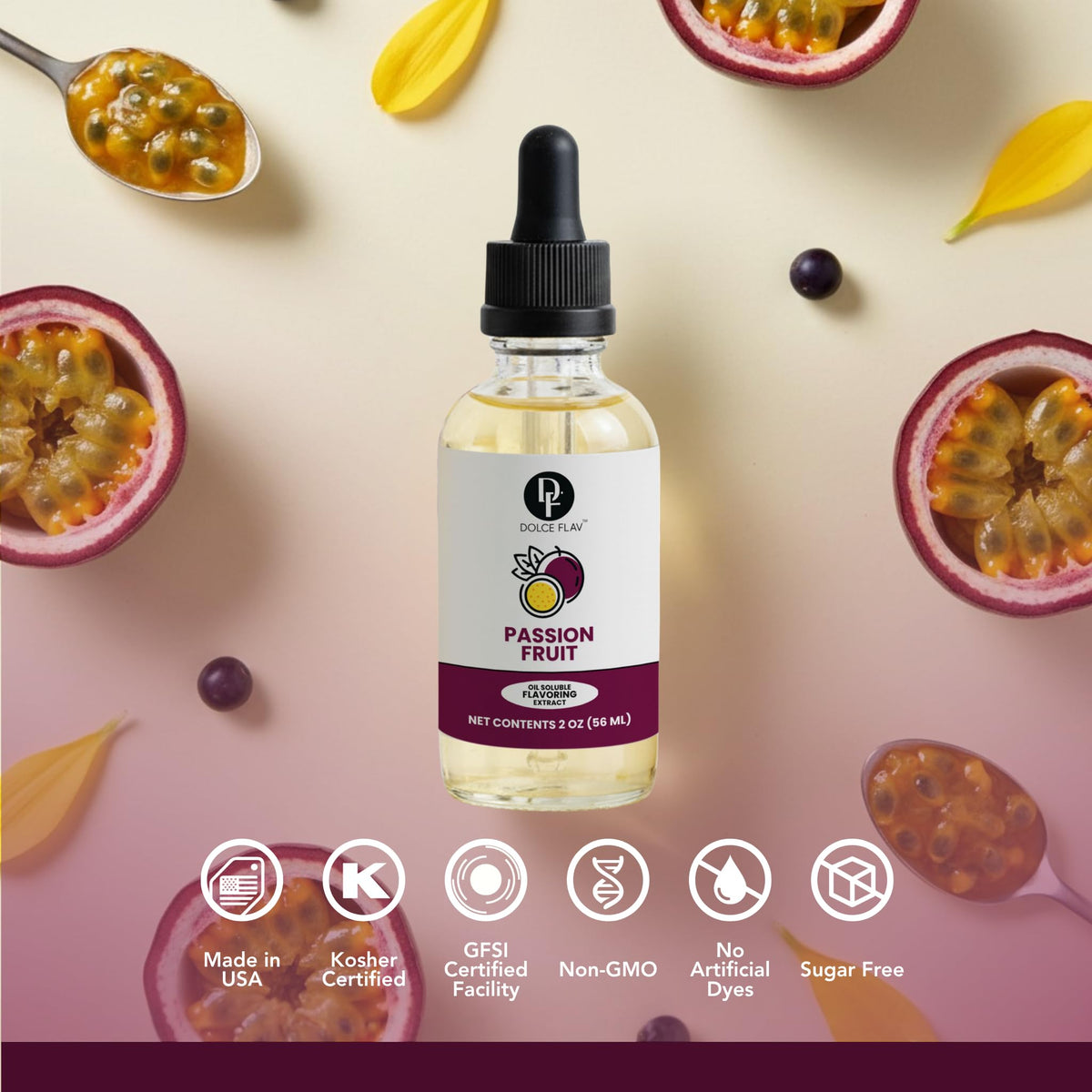 Baking setup featuring Dolce Flav Passion Fruit Extract enhances cakes and tarts.