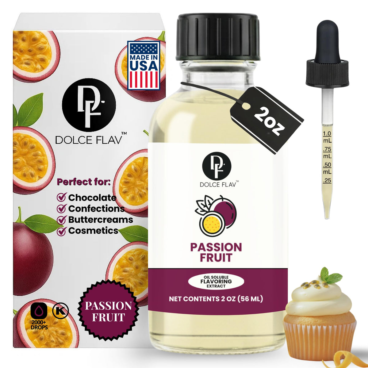 Dolce Flav Passion Fruit Extract bottle adds tropical aroma to baked goods.
