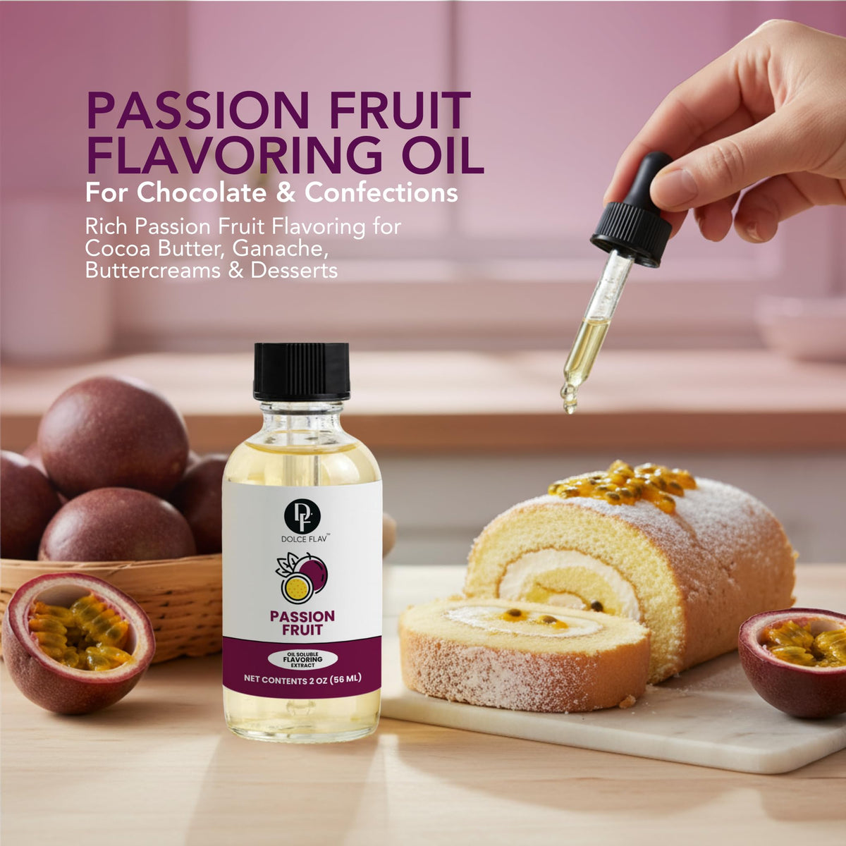 Close-up of Dolce Flav Passion Fruit Extract label highlighting alcohol-free formula.