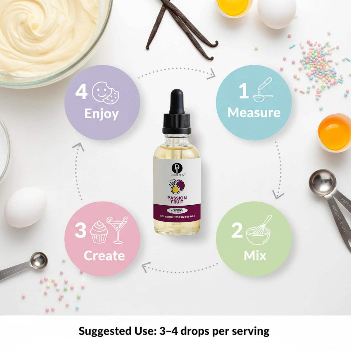 USA-made Dolce Flav Passion Fruit Extract sits on a kitchen counter.