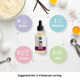 USA-made Dolce Flav Passion Fruit Extract sits on a kitchen counter.