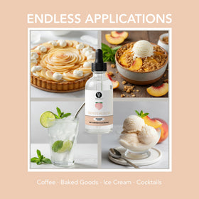 Dolce Flav Peach Extract bottle on pastry board for baking inspiration.