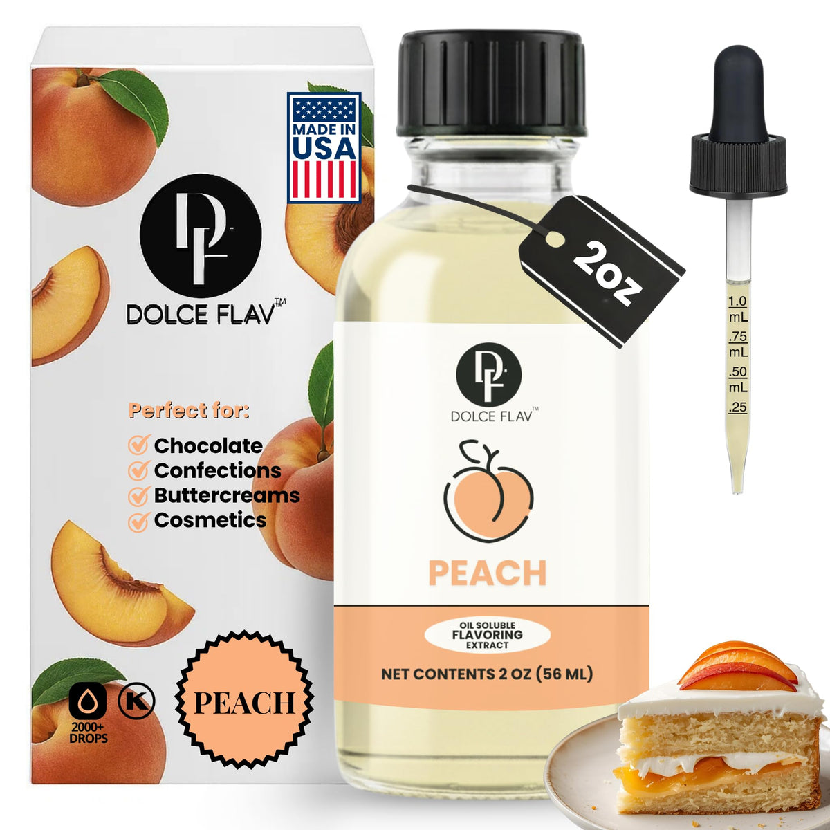 Dolce Flav Peach Extract bottle with dropper adds precise peach flavor to baked goods.