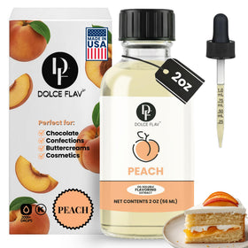 Dolce Flav Peach Extract bottle with dropper adds precise peach flavor to baked goods.