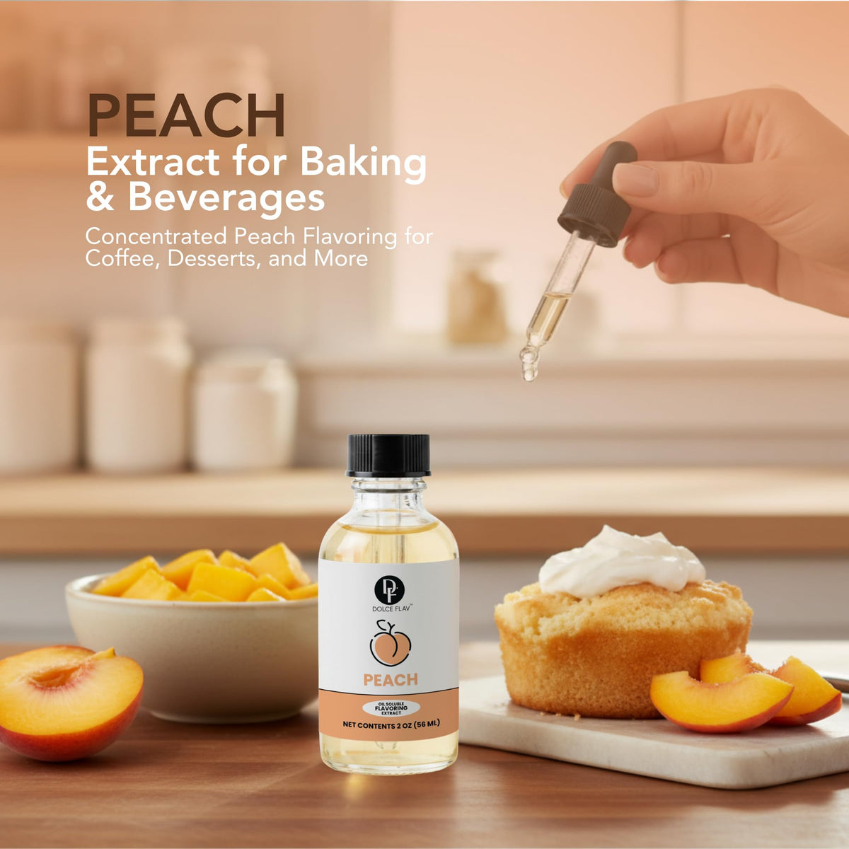 Dolce Flav Peach Extract dropper measuring tiny amounts for consistent flavoring.