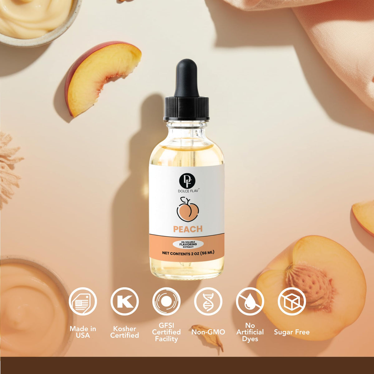 Dolce Flav Peach Extract adding fruity notes to ice cream and desserts.