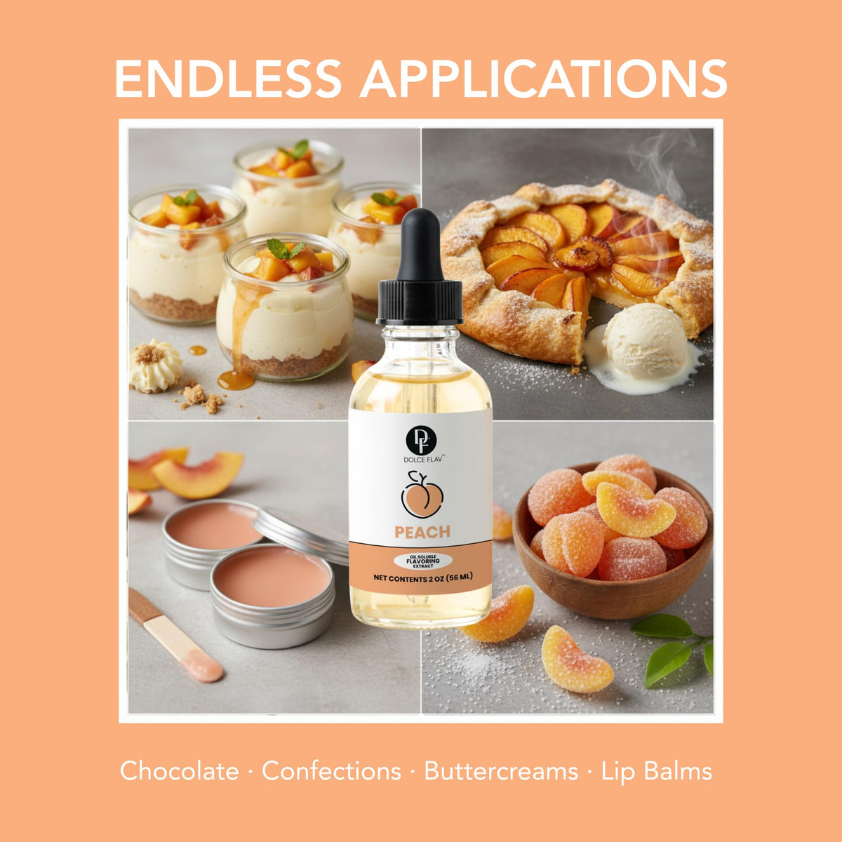 Dolce Flav Peach Extract label showcases kosher, sugar-free, oil-soluble features.