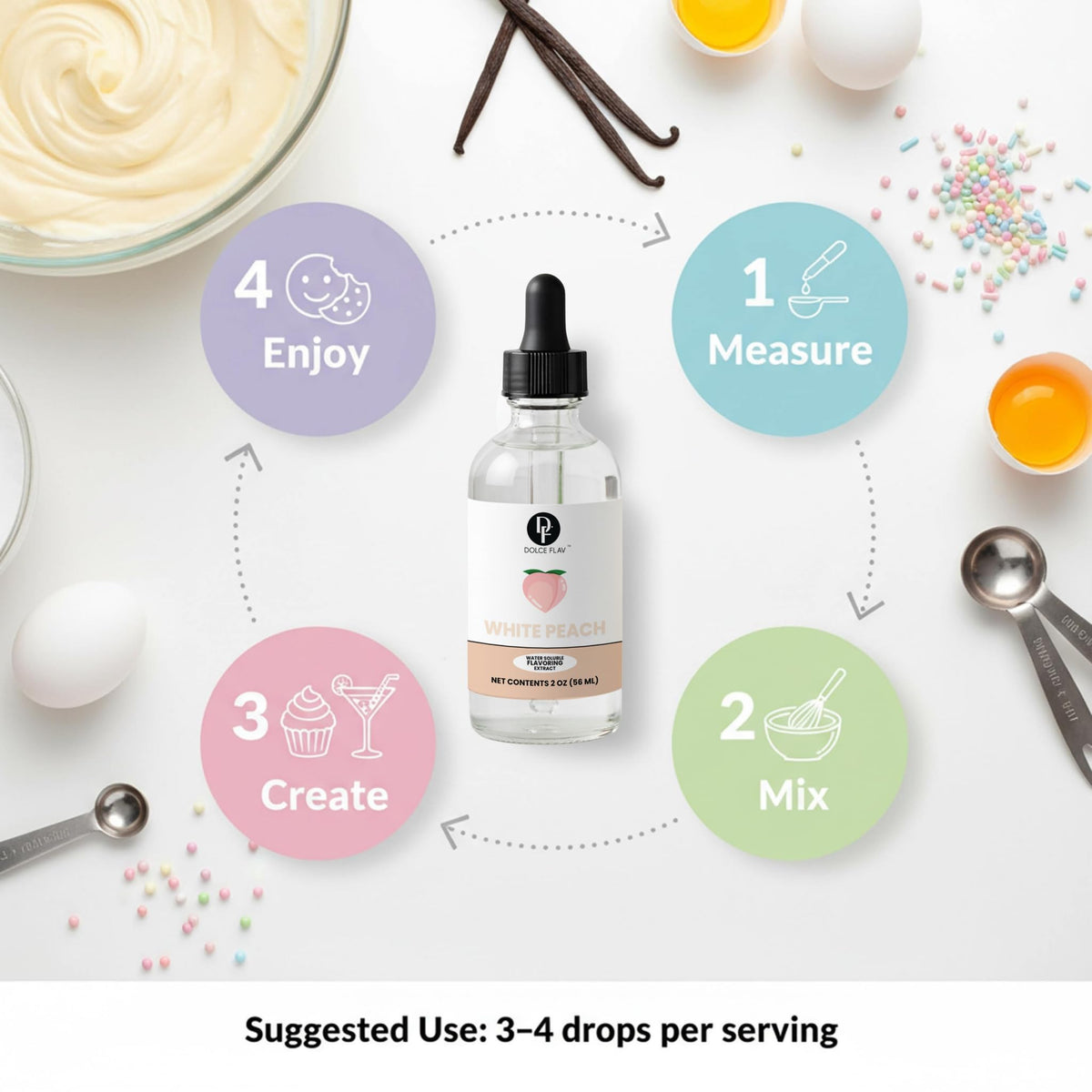 Dolce Flav Peach Extract bottle beside a sugar-free beverage setup.