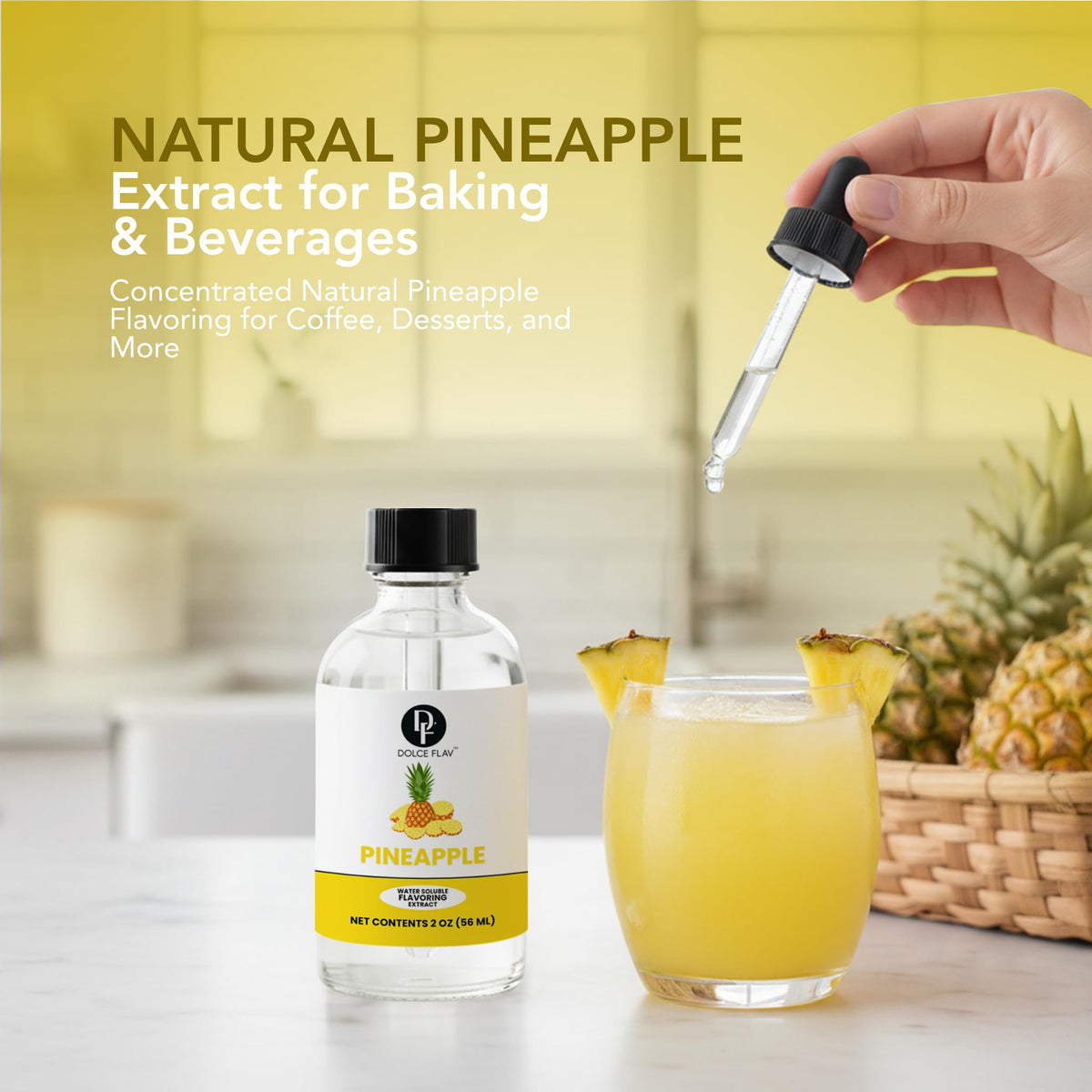 Dolce Flav pineapple extract dropper allows precise, easy flavoring in drinks.