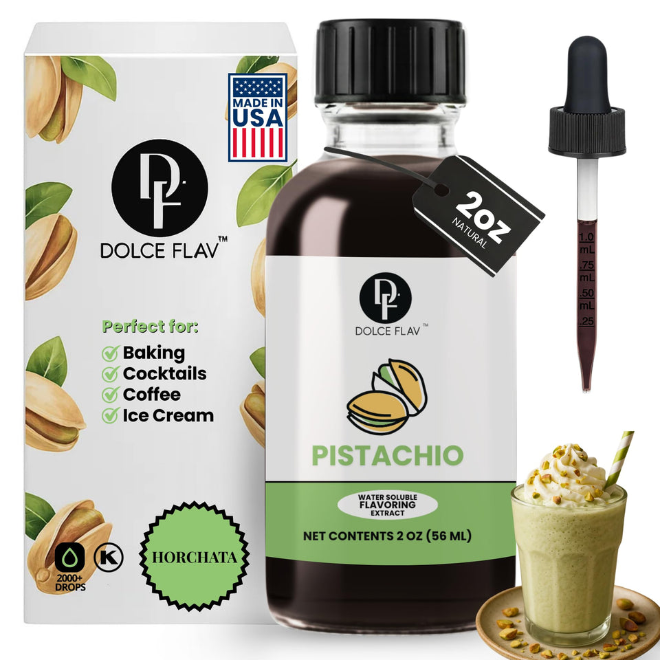 Dolce Flav pistachio extract bottle for baking, enhances pastries with nutty aroma