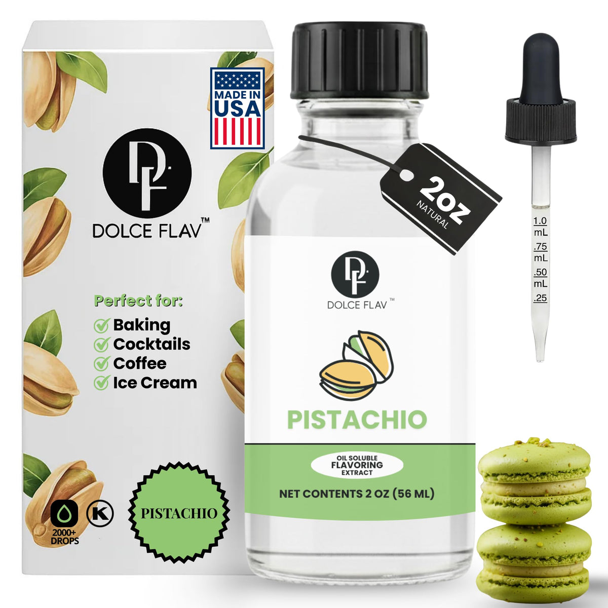 Dolce Flav pistachio oil flavoring 2oz bottle boosts authentic pistachio aroma in chocolate