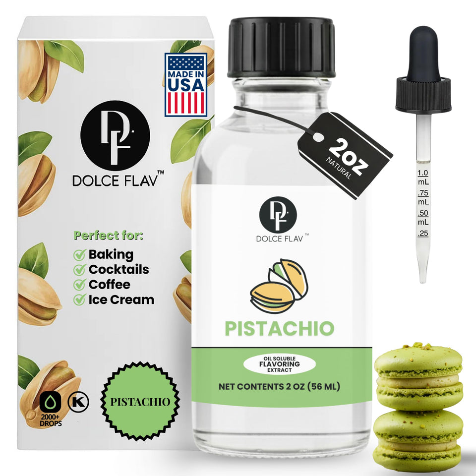 Dolce Flav pistachio oil flavoring 2oz bottle boosts authentic pistachio aroma in chocolate