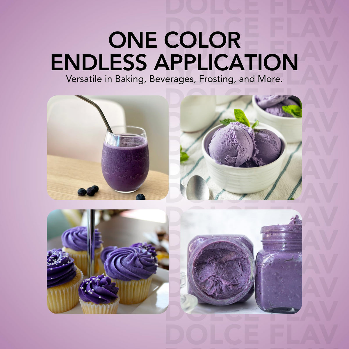 Dolce Flav purple frosting on cake highlighting vivid finish
