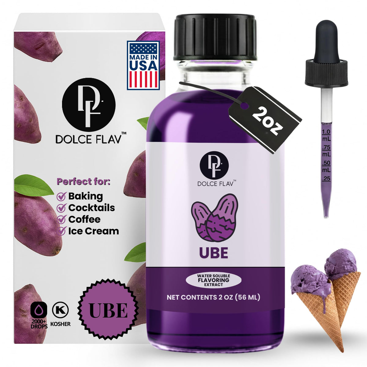 Dolce Flav Purple Ube Extract bottle with dropper for bold flavor in desserts.