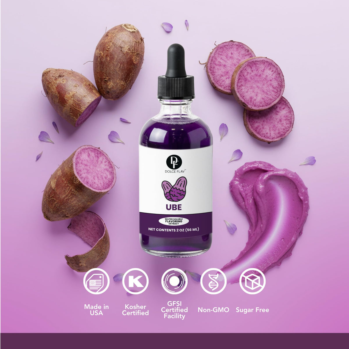Dolce Flav Purple Ube Extract splash elevates ice cream with purple hue.