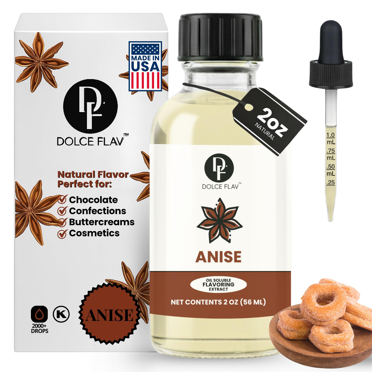 Dolce Flav Star Anise Extract bottle with dropper for authentic licorice notes in baking