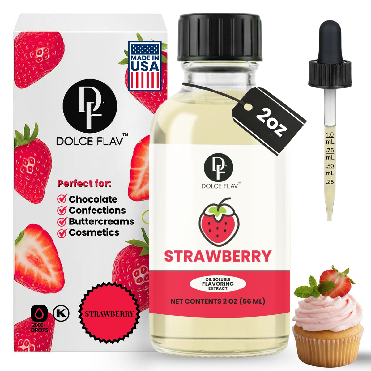 Dolce Flav Strawberry Extract bottle with dropper for precise flavoring in candies and desserts.