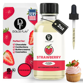 Dolce Flav Strawberry Extract bottle with dropper for precise flavoring in candies and desserts.