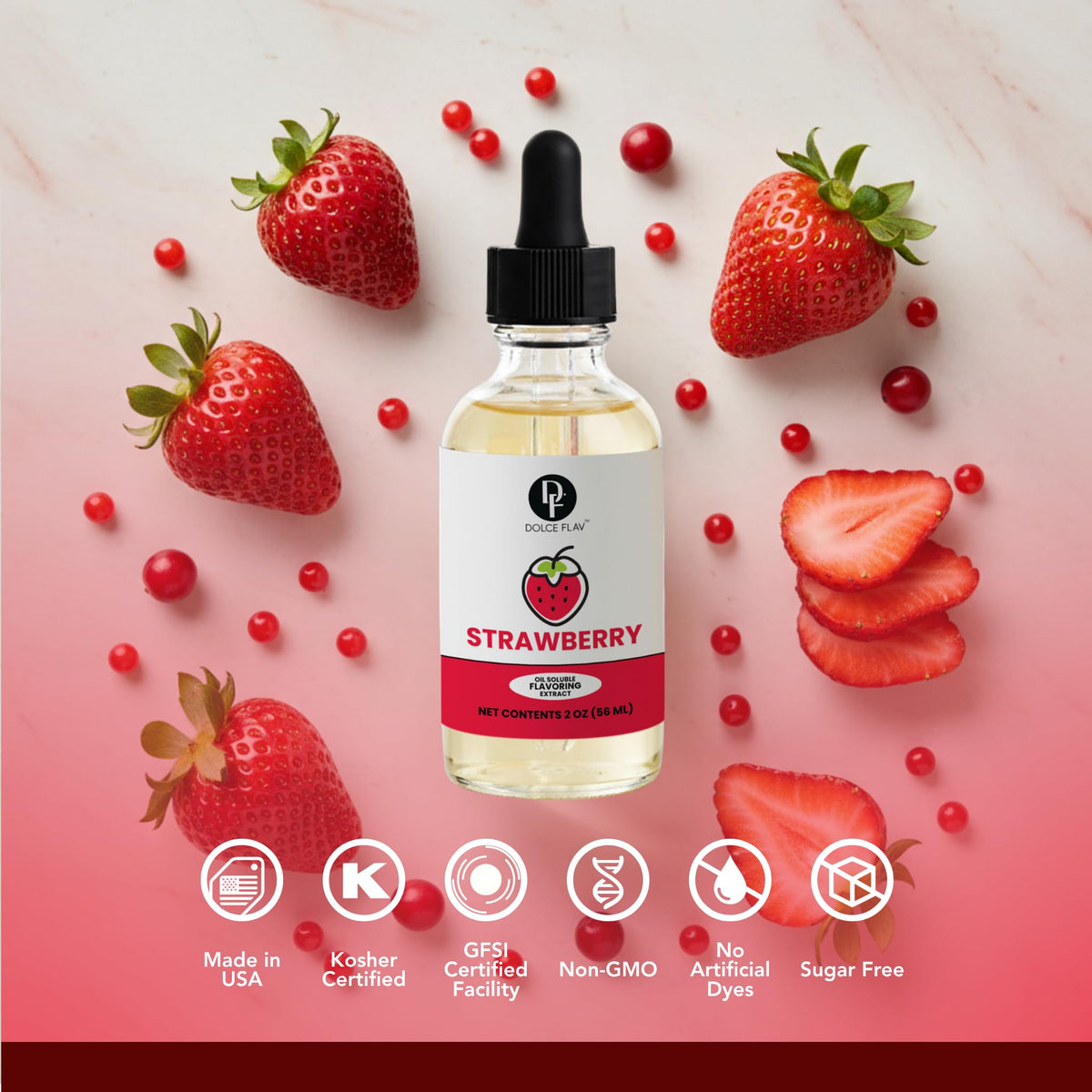 Dolce Flav Strawberry Extract in a dessert bowl with rich berry aroma.