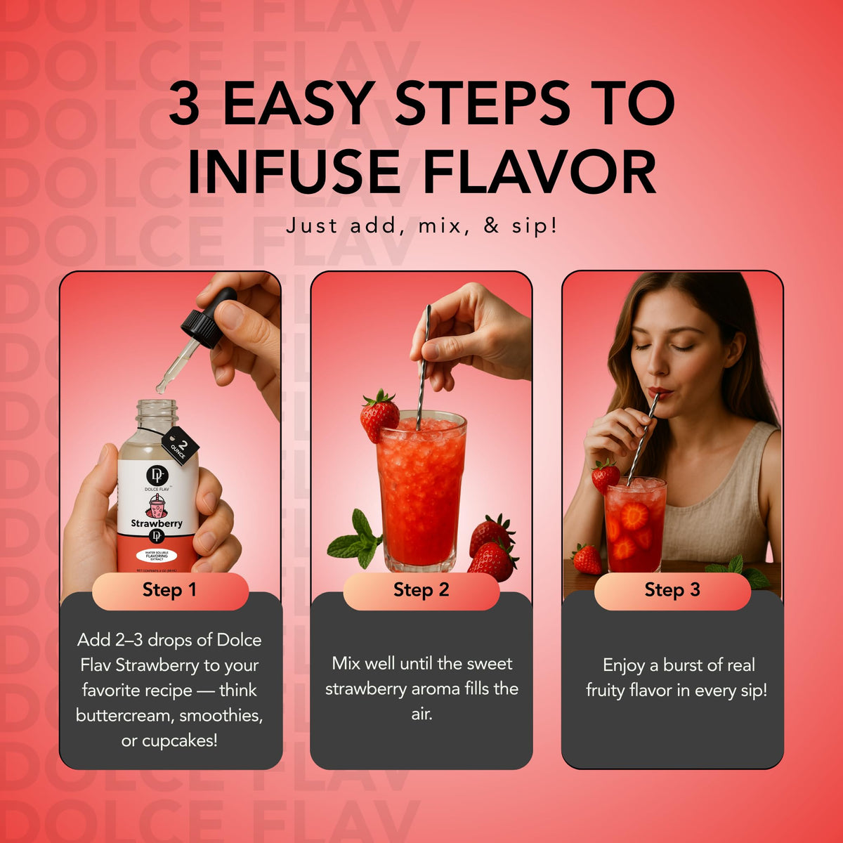 Frosting and dessert topping featuring Dolce Flav strawberry flavor
