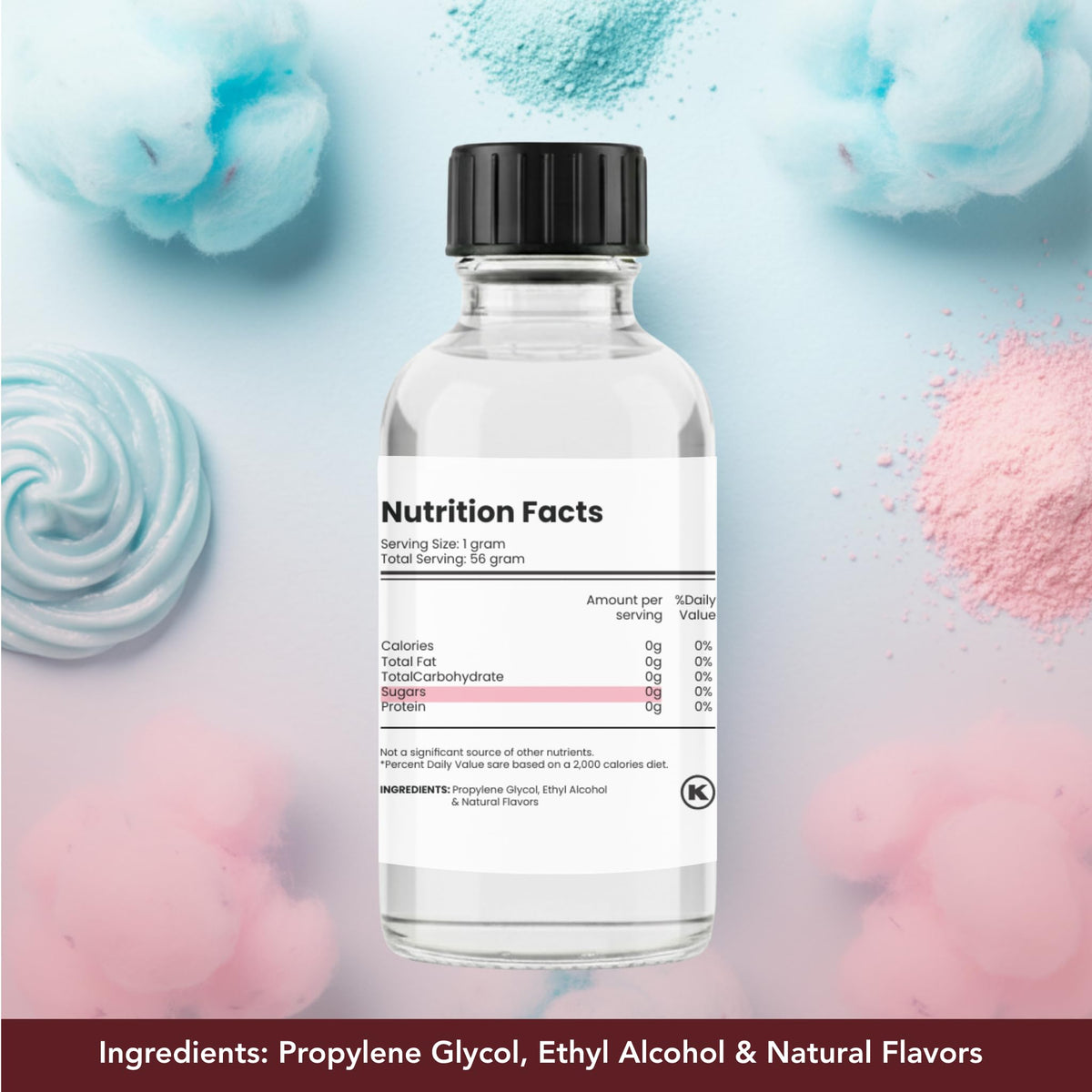 Dolce Flav sugar-free cotton candy extract paired with beverages highlighting zero calories
