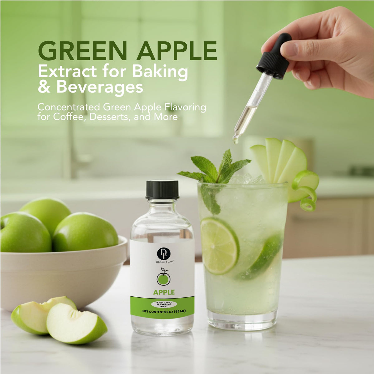 Dolce Flav water-soluble apple flavoring drops blend into beverages