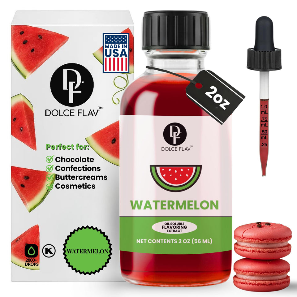 Dolce Flav Watermelon Extract bottle shows oil-soluble formula for rich baked goods