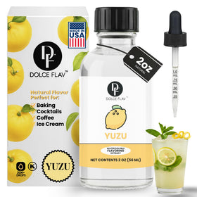 Dolce Flav Yuzu flavoring bottle on kitchen counter for baking use