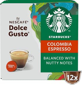 Dolce Gusto Starbucks Colombia espresso capsules 36-count, convenient pods for quick, café-style drinks at home.