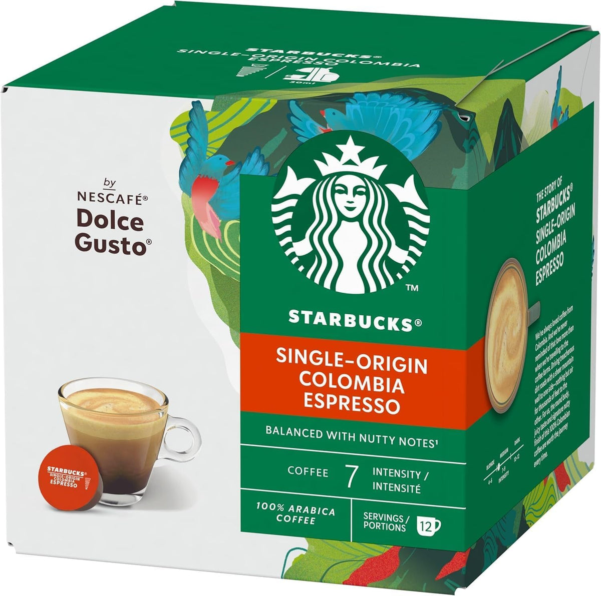 Starbucks Colombia espresso packaging for Dolce Gusto, hermetically sealed to preserve freshness.