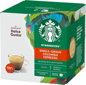 Starbucks Colombia espresso packaging for Dolce Gusto, hermetically sealed to preserve freshness.