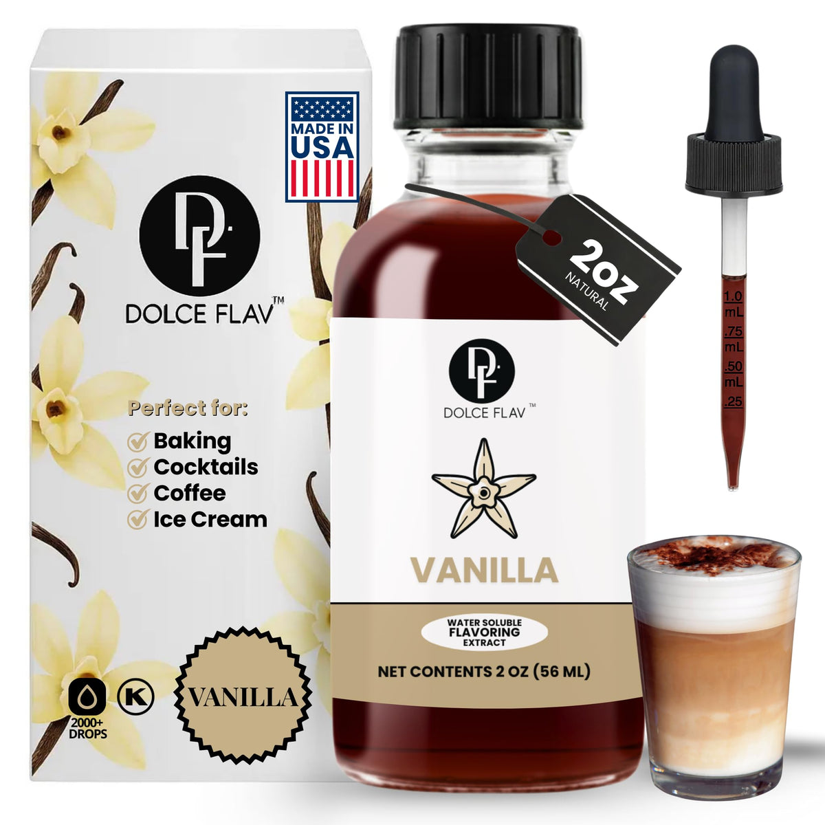 Dolce Flav vanilla extract bottle adds rich, sugar-free flavor to baking.